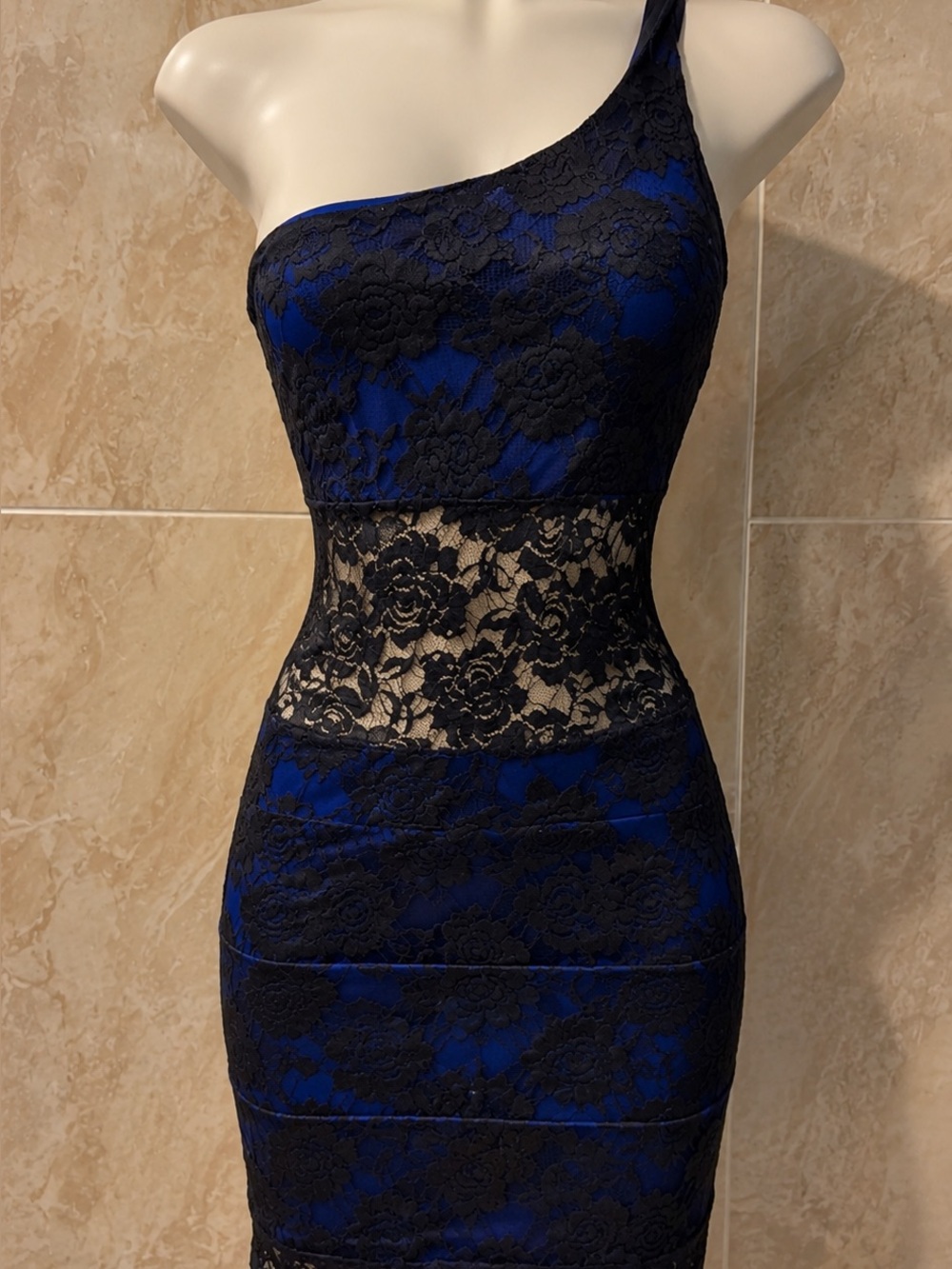 One-Shoulder Royal Blue Dress with Black Lace Overlay